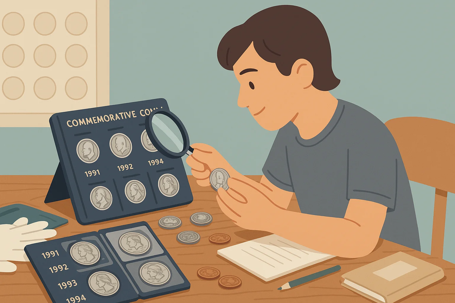 A young collector looks through his collection of commemorative coins.