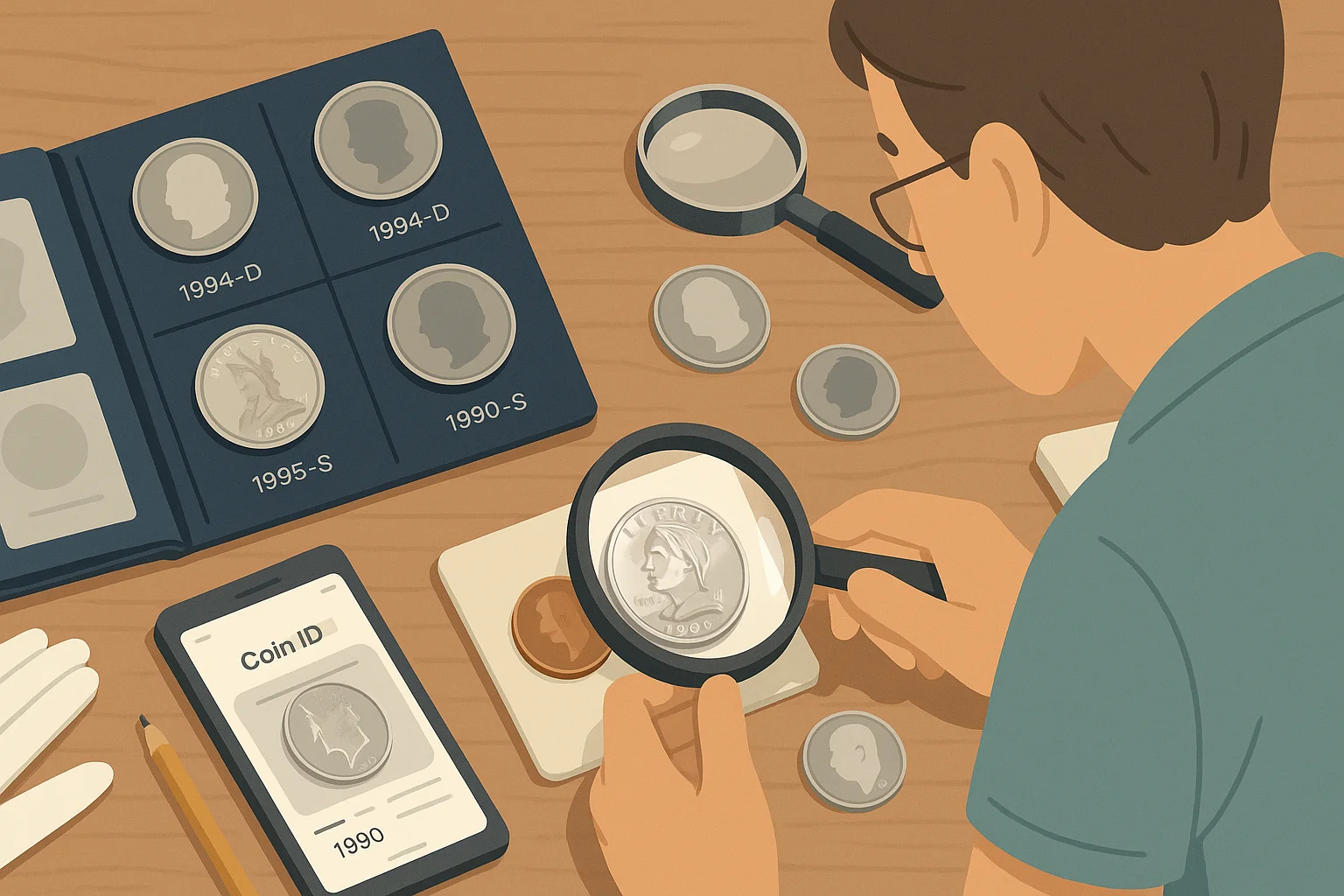 A numismatist observes the features of a coin from his album.