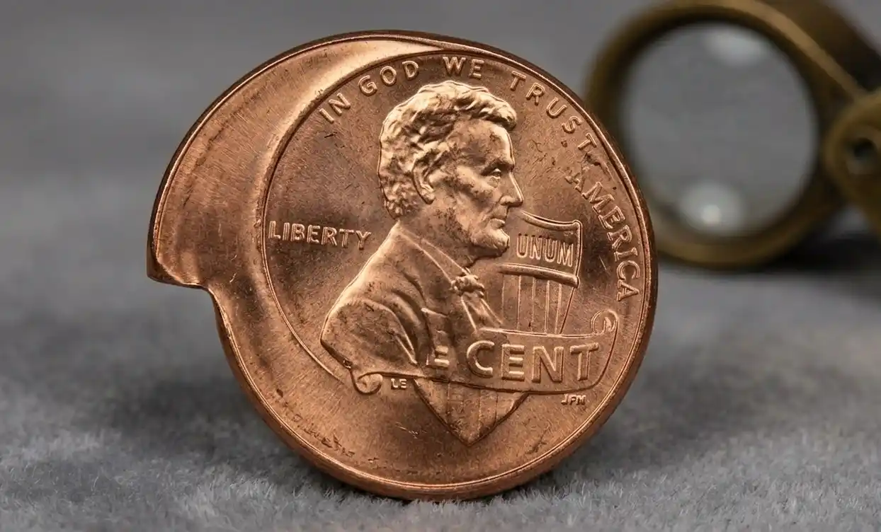 macro close-up of a 2021 Lincoln penny error coin showing an off-center strike