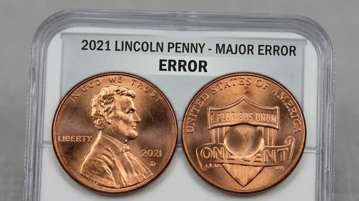 close-up of a 2021 Lincoln penny error coin inside a transparent coin holder labeled “error”